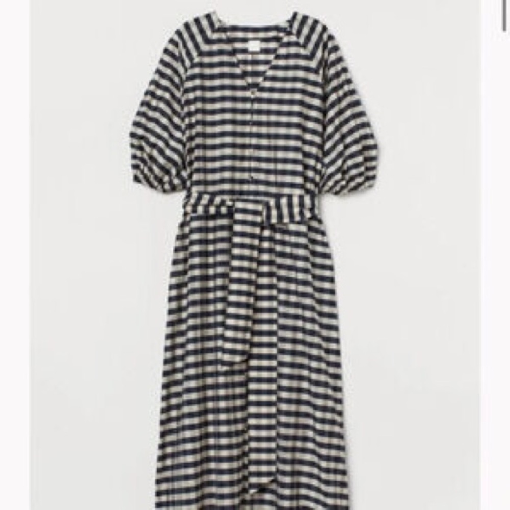 Gingham V Neck Puff Sleeve Dress